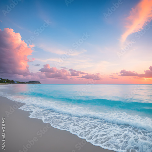  illustration of fantastic, fabulous landscape. Sunset on the seashore. 
