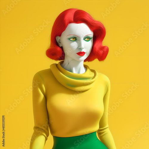 Woman with pale skin and red hair on a yellow background 