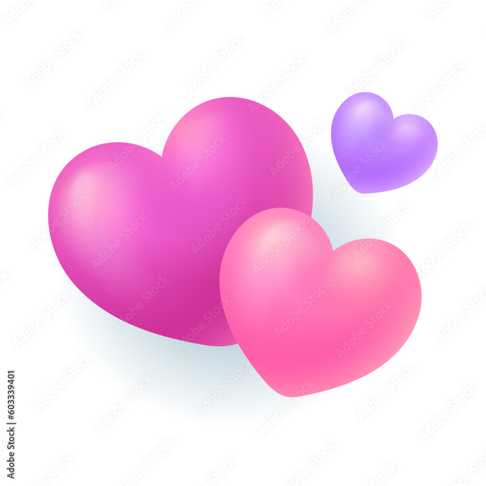 Pink and purple comic hearts 3D illustration. Drawing of colorful hearts as symbol of emotions or romantic feelings in 3D style on white background. Love, romance, marriage, Valentine day concept Pink and purple comic hearts 3D illustration. Drawing of colorful hearts as symbol of emotions or romantic feelings in 3D style on white background. Love, romance, marriage, Valentine day concept