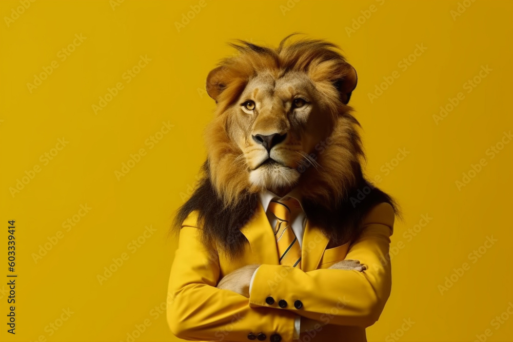 Lion in suit and tie. Isolated over orange background. generative ai