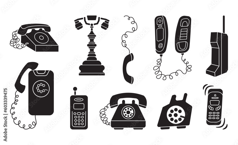 Set of Various classic and modern telephones. Wire, cell and mobile ...