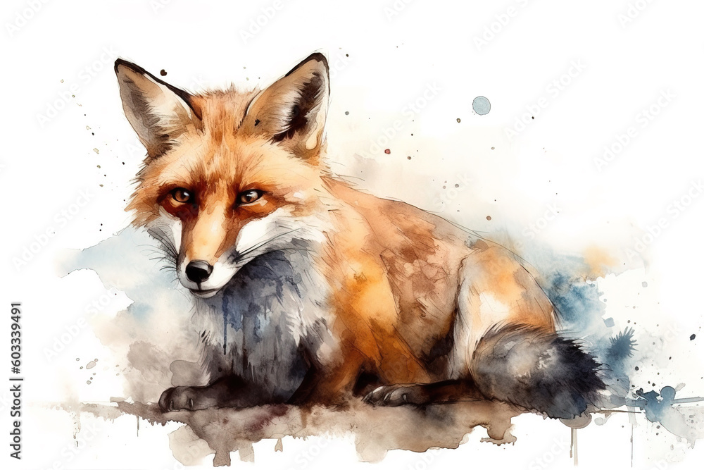 Fototapeta premium Watercolor painting of a fox on a white background. Wildlife Animals. Illustration, generative AI.