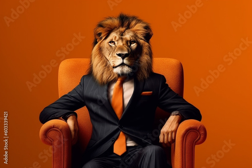 Lion in a suit and tie sits in an armchair on an orange background generative ai