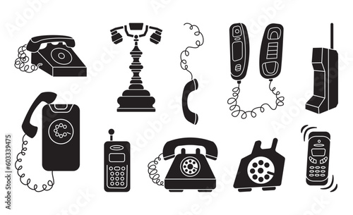 Set of Various classic and modern telephones. Wire, cell and mobile phones. Retro vintage style icons. Hand drawn Vector illustration isolated on background