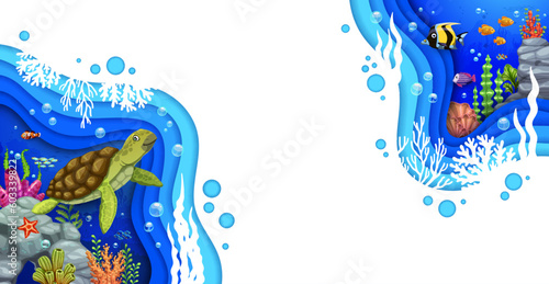 Cartoon underwater paper cut landscape with sea turtle and tropical fish. 3d vector picturesque background with intricate papercut design features a lively marine colorful ecosystem and reef life