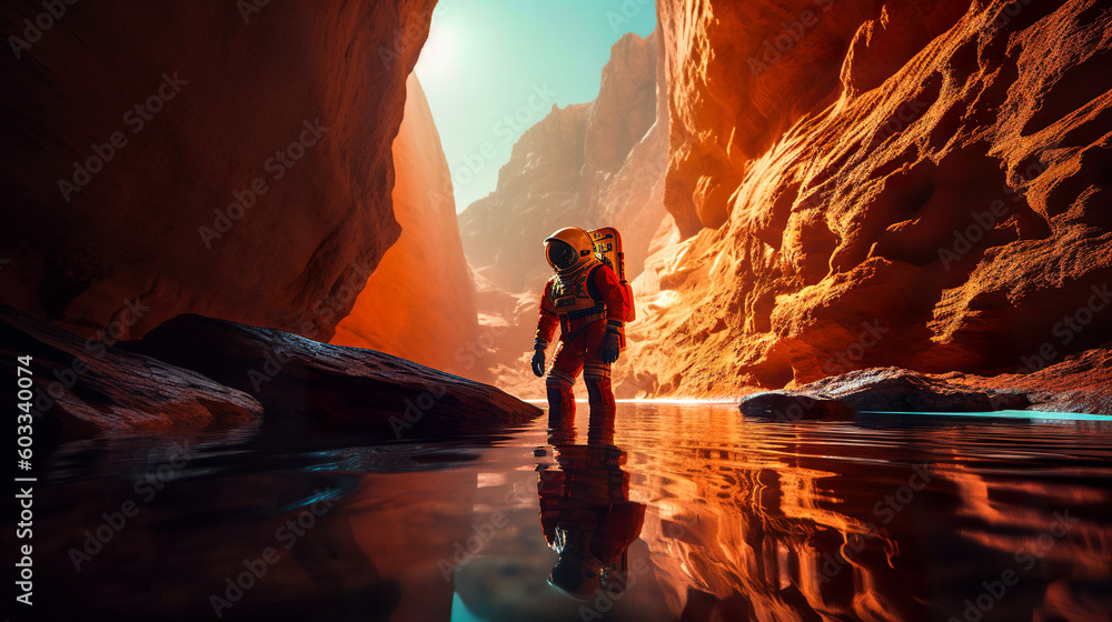 A space astronaut discovering water on planet Mars, generative AI