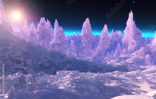 View of alien cold planet full of ice crystals, beautiful landscape scenery o...