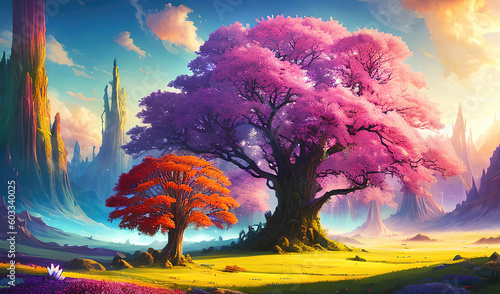 Paradise landscape with beautiful trees, gardens and flowers, magical idyllic background with many multicolored surreal trees and flowers in Eden. Generative Ai.