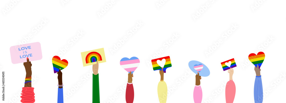 Fototapeta premium LGBT and gay parade, protest. Hands holding posters. hands of people of different races and color, holding LGBT, and transgender flags with rainbows, hearts, different shapes. Banners, illustrations. 