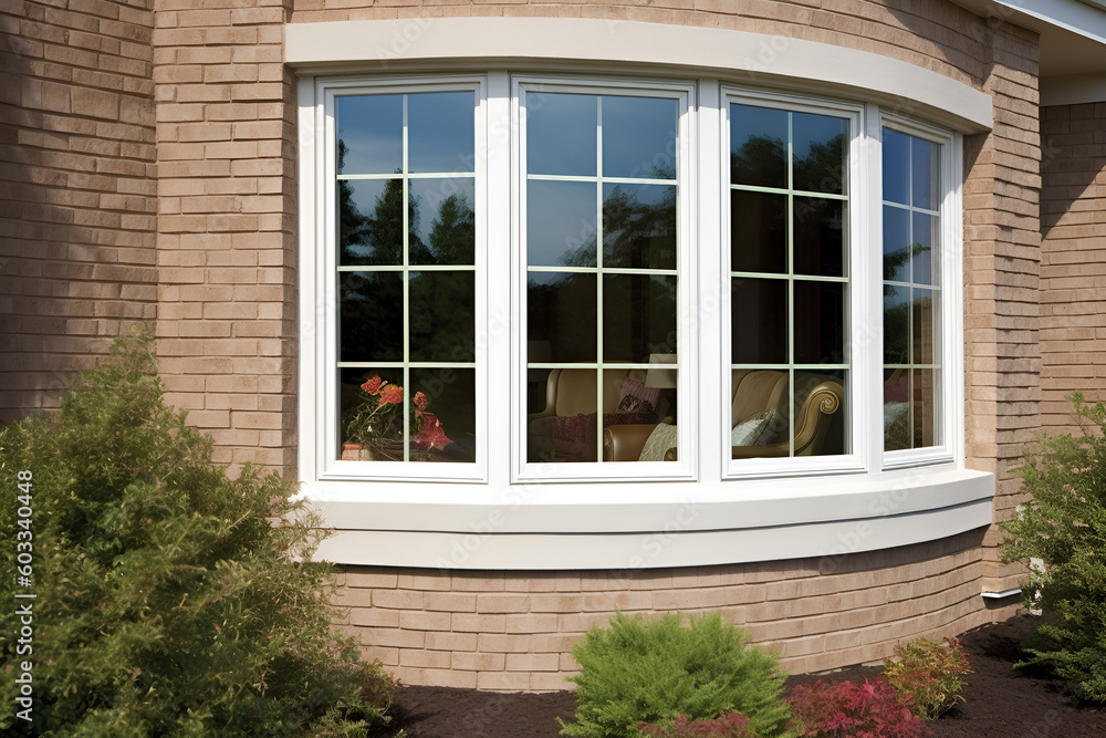 Bow Vinyl Window in a Brick House, Exterior View
