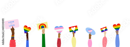 LGBT and gay parade, protest. Hands holding posters. hands of people of different races and color, holding LGBT, and transgender flags with rainbows, hearts, different shapes. Banners, illustrations. 