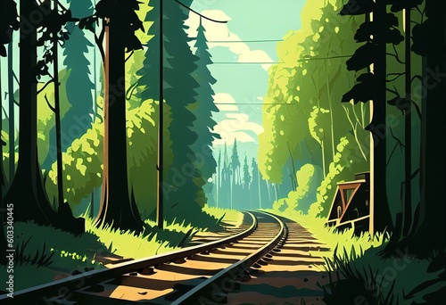 Forest trees along a railroadn on an summer afternoon illustration. Ai generative. photo