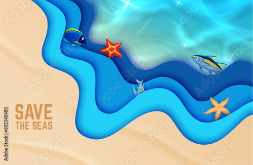 Sea wave paper cut banner, vector 3d background with ocean and sand wavy frame, tuna or angle fishes and starfishes, sparkling blue water top view and save the seas conservation awareness message