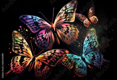 Beautiful neon multi-colored butterflies on a black background, painted in watercolor. AI Generated ©  iiulia