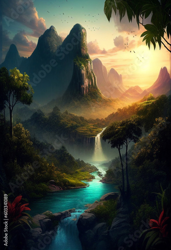 Mountain range with forests, waterfalls at sunset. AI Generated