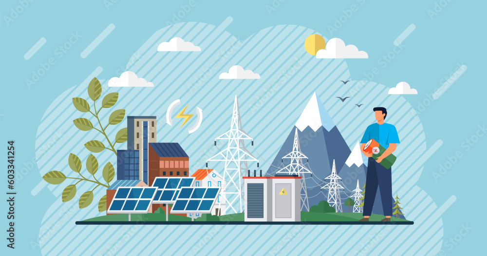 Renewable alternative ecological technology with power plant, solar battery, panel. Solar panels cells for electricity grid. Eco friendly power industry. sustainable, renewable and alternative energy