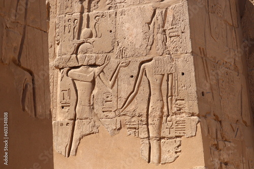 Ancient egyptian carvings and hyroglyphs at Karnak temple in Luxor, Egypt 