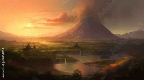 landscape painting featuring an old volcano in the foreground