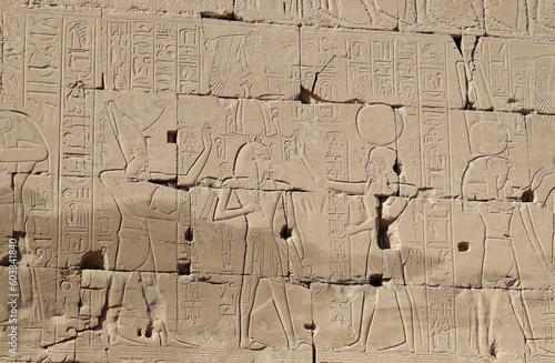 Ancient egyptian carvings and hyroglyphs at Karnak temple in Luxor, Egypt  photo