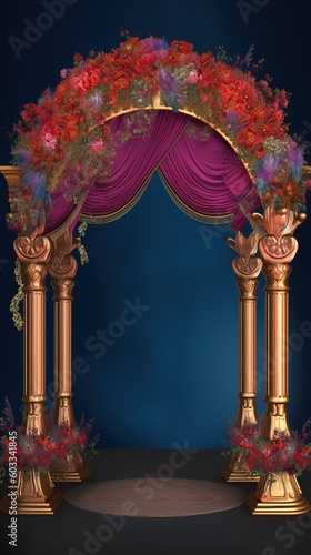 Indian style arch is decorated with colorful flowers, lush foliage