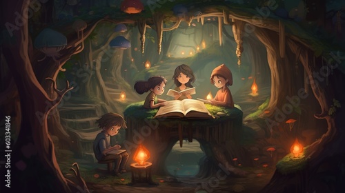 kids reading storybooks in a fantastical world
