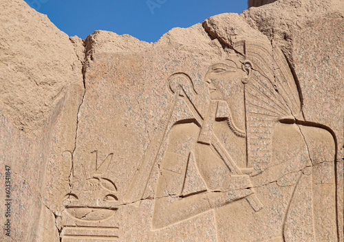 Ancient egyptian carvings and hyroglyphs at Karnak temple in Luxor, Egypt  photo