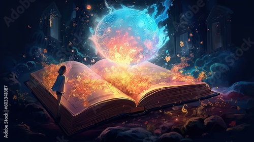 illustration of an opened book with magical character
