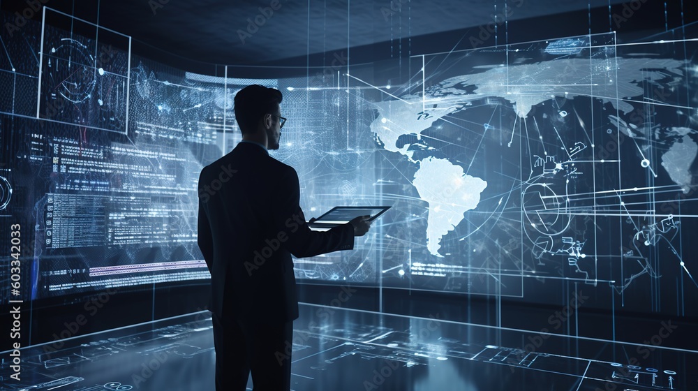 Cutting-edge technology meets business men in this stunning 3D render of a businessman exploring the world of AI and machine learning Cutting-edge technology meets business men in this stunning 3D render of a businessman exploring the world of AI and machine learning