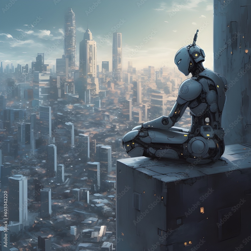 Artificial intelligence, robot thinking about world, looking at the city. Futuristic concept. Lofi art style, lofi, Generative Ai Artificial intelligence, robot thinking about world, looking at the city. Futuristic concept. Lofi art style, lofi, Generative Ai