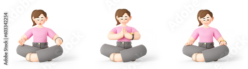 A set of 3d character illustrations of a young Asian office worker woman in a deep meditation sitting cross-legged, isolated on a transparent white background