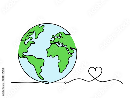 Abstract color planet Earth with heart as line drawing on white