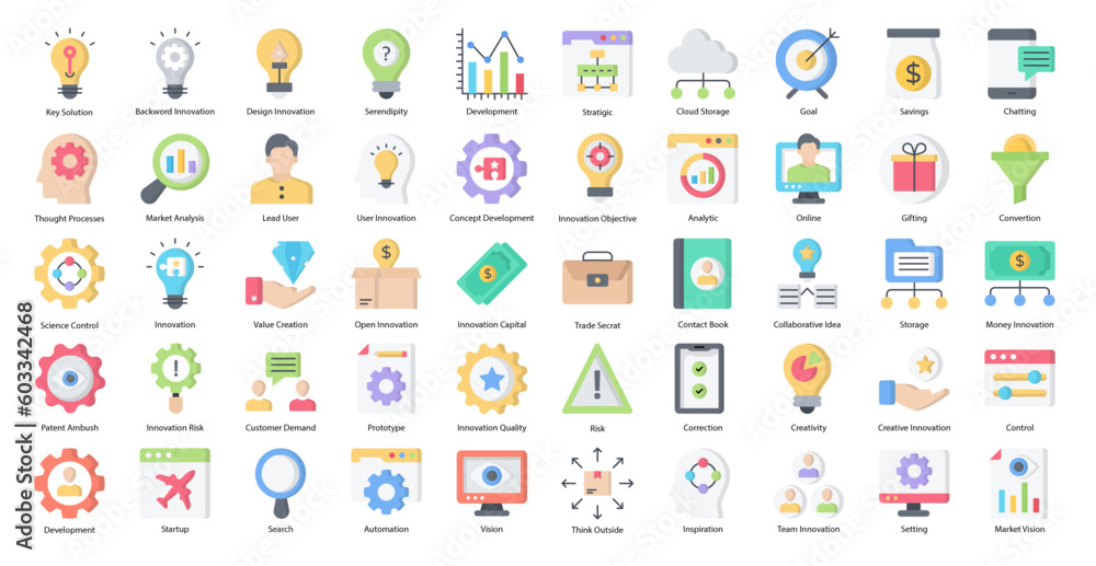 Innovation Flat Icons Creative Development Automation Icon Set in Color Style 50 Vector Icons Innovation Flat Icons Creative Development Automation Icon Set in Color Style 50 Vector Icons