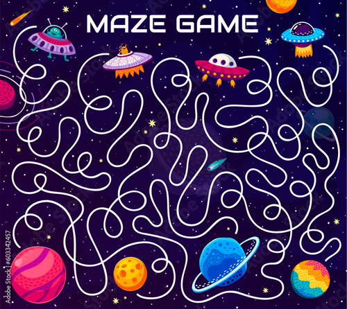Labyrinth maze help to ufo find his space planet. Kids vector worksheet with alien saucers and tangled path in cosmos. Educational children board game riddle with cartoon extraterrestrial shuttles