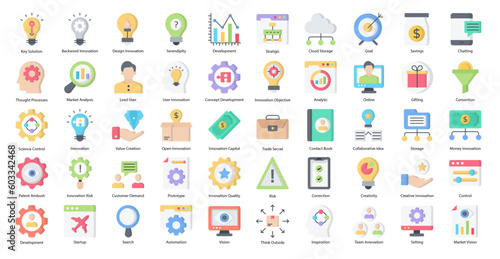 Innovation Flat Icons Creative Development Automation Icon Set in Color Style 50 Vector Icons