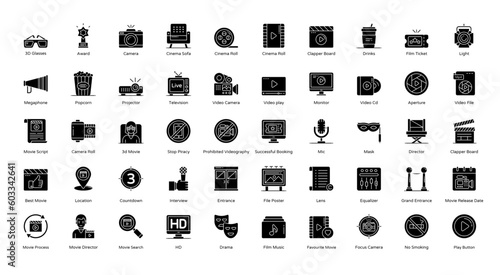 Cinema Glyph Icons Movie Camera Video Icon Set in Glyph Style 50 Vector Icons in Black
