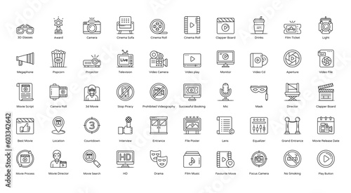 Cinema Thin Line Icons Movie Camera Video Icon Set in Outline Style 50 Vector Icons in Black