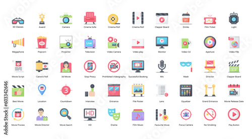 Cinema Flat Icons Movie Camera Video Icon Set in Color Style 50 Vector Icons