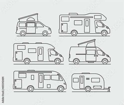 Slika na platnu Recreational Vehicle Motorhome Campervan Caravan Vector Line Icons