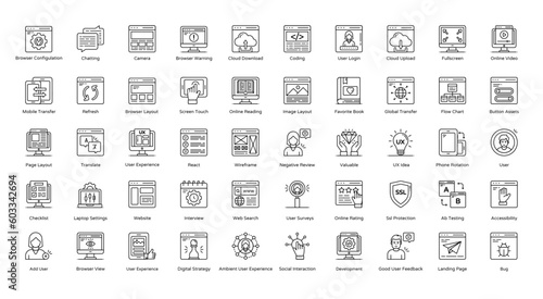 User Experience Thin Line Icons UX UI Web Icon Set in Outline Style 50 Vector Icons in Black