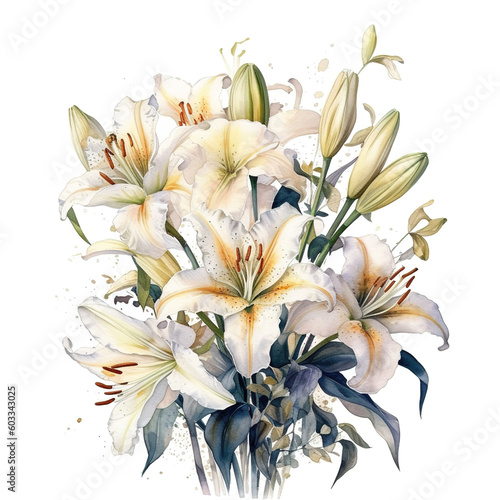 Bouquet Of Flowers and leaves, isolated on white background, watercolor illustration, AI generated