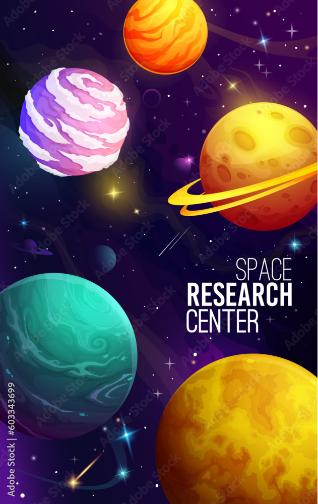 Fototapeta premium Cartoon alien galaxy planets, space travel poster. Galaxy adventure, cosmos flight or astronomy research vector flyer or poster. Outerspace travel leaflet or vertical banner with fantastic planets