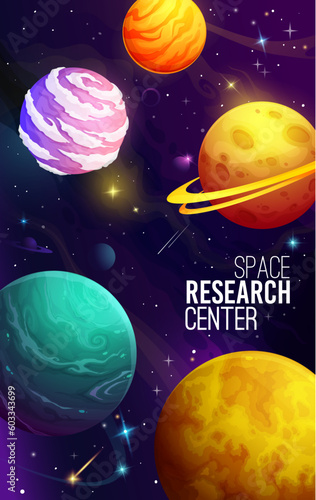 Cartoon alien galaxy planets, space travel poster. Galaxy adventure, cosmos flight or astronomy research vector flyer or poster. Outerspace travel leaflet or vertical banner with fantastic planets