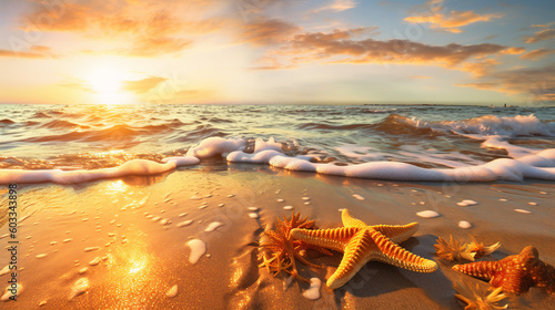 Serene Summer Beachscape with Starfish and Seashell - ai generated
