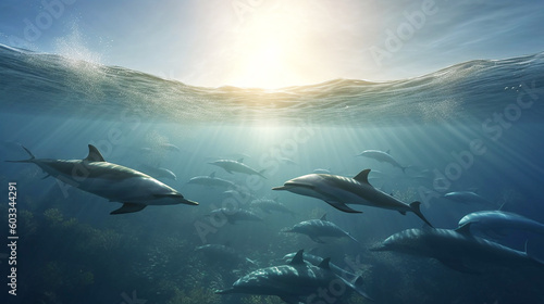 dolphins swimming underwater between the ocean , coral reef and school of fish on a blue sea background, Underwater cave and ocean creatures, dolphins jumping on the water seascape ,Generative AI 