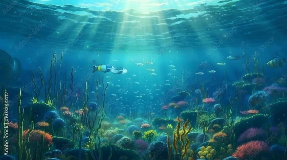 Fototapeta premium The world on underwater, illustration. Generative AI