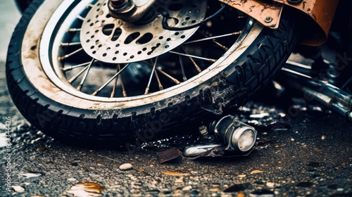 Close-up of a motorcycle accident on the city street.broken motorcycle on the roadway.motorcycle wheel after an accident on the road. life insurance and protection concept.Generative AI