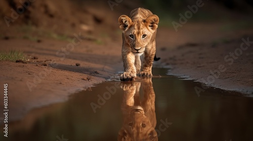 a baby lion, runs through the puddle, is reflected in the puddle, photography, lion cub in the water, Generative AI