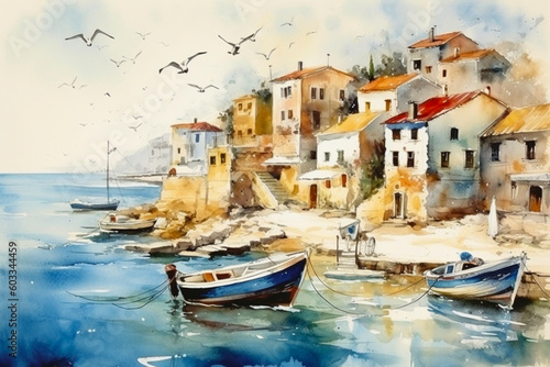 Greek village by the sea. Watercolor style image. Ai illustration, Generative AI, artificial intelligence artwork photo