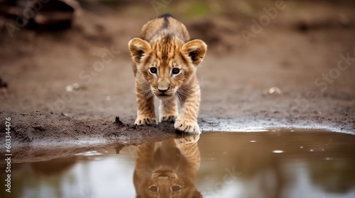 Obraz na płótnie a baby lion, runs through the puddle, is reflected in the puddle, photography, l