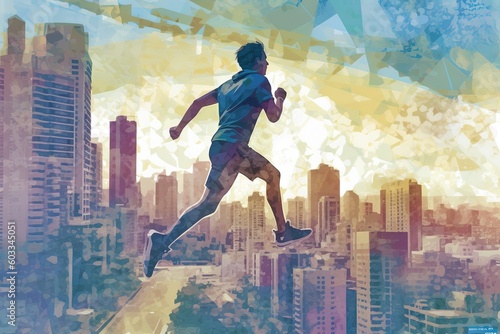 Active and fit lifestyle concept of a jogger gainst a picturesque urban skyline, symbolizing health, fitness, and urban exploration, manga style illustration generative ai photo